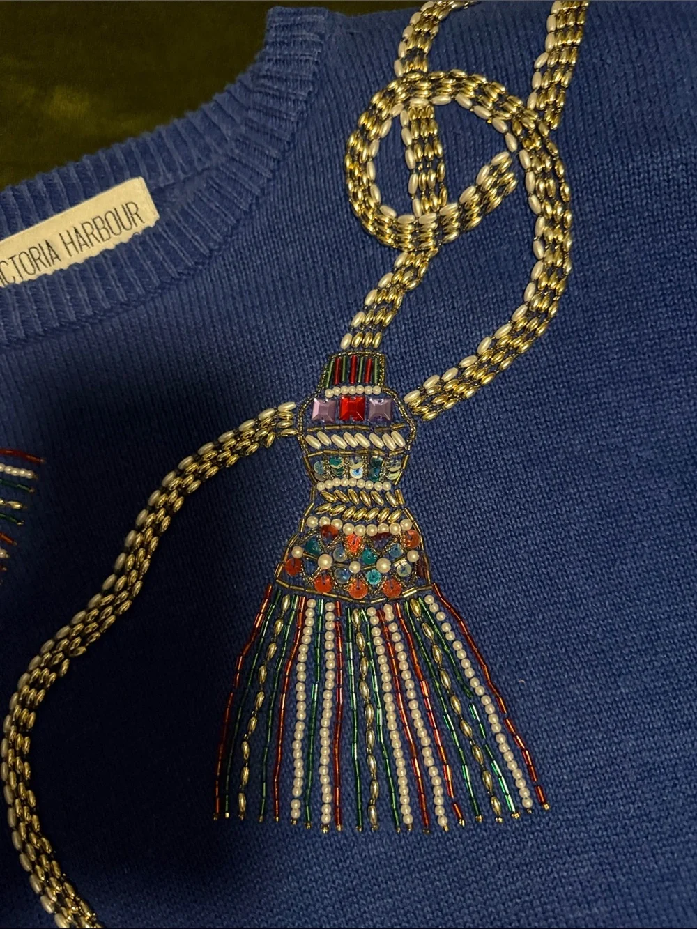 Beaded Tassel Navy Sweater - Vintage Inspired